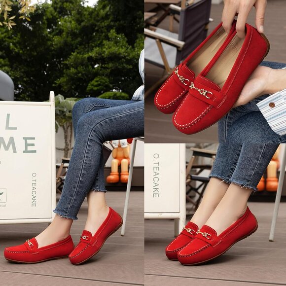 Kordal Women's Red Leather Gold Accent Buckle Slip-Ons Comfortable Loafers - Picture 6 of 9